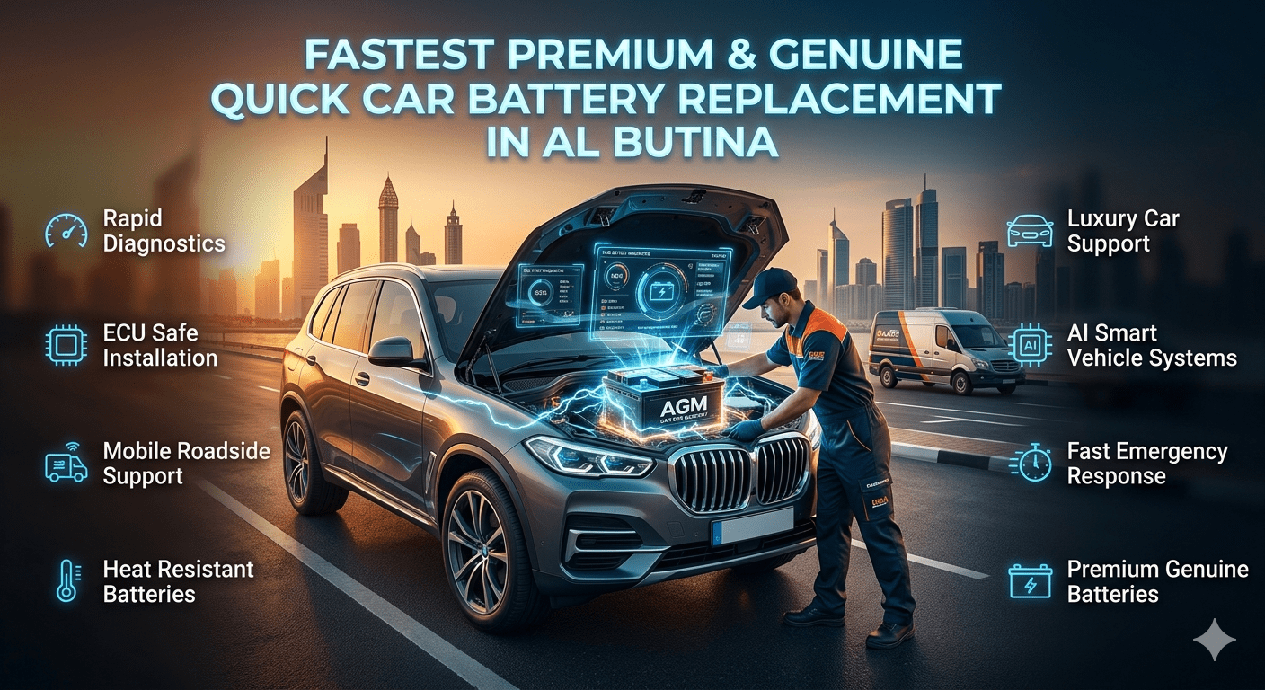 Fastest Premium & Genuine Quick Car Battery Replacement in Al Butina with luxury SUV, premium AGM battery installation, roadside technician, and UAE smart automotive emergency service infographic.
