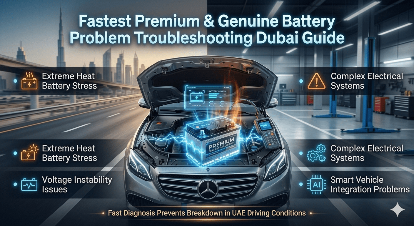Infographic showing battery problem troubleshooting in Dubai with luxury car, diagnostic scanner, voltage issues, and heat-related failures in UAE conditions.