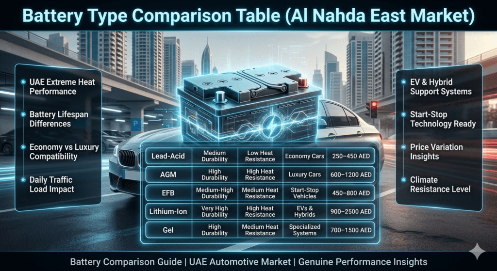 Battery Type Comparison Table – Al Nahda East Market (UAE Automotive Guide) Futuristic infographic showing battery type comparison in Al Nahda East with holographic table, luxury car battery system, and UAE automotive pricing and durability data.