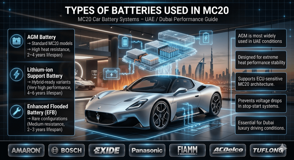 Types of batteries used in Maserati MC20 including AGM, lithium-ion, and EFB systems with comparison chart and premium automotive infographic design for UAE Dubai conditions