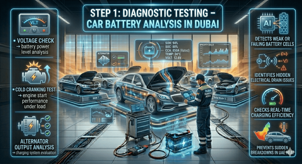 Luxury automotive infographic showing Step 1 diagnostic testing for car battery in Dubai, with a premium car in a workshop, digital scanner connected, and side panels listing voltage check, cold cranking test, and alternator analysis.
