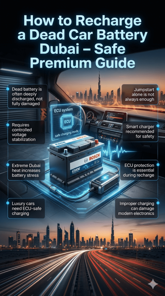 Car battery recharge infographic showing safe controlled charging process in Dubai with ECU protection, smart charger use, and luxury vehicle battery recovery guide.