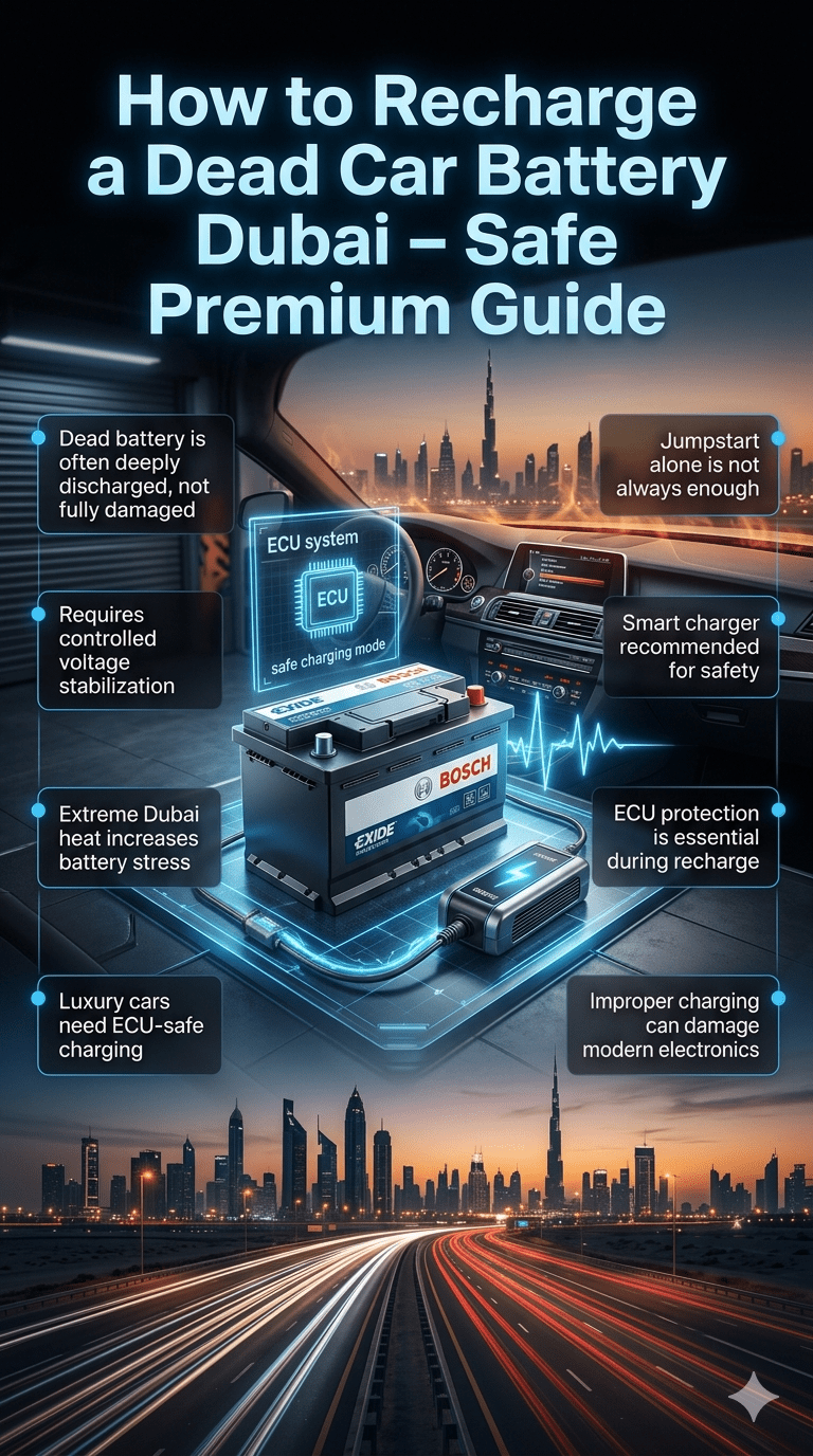 Car battery recharge infographic showing safe controlled charging process in Dubai with ECU protection, smart charger use, and luxury vehicle battery recovery guide.