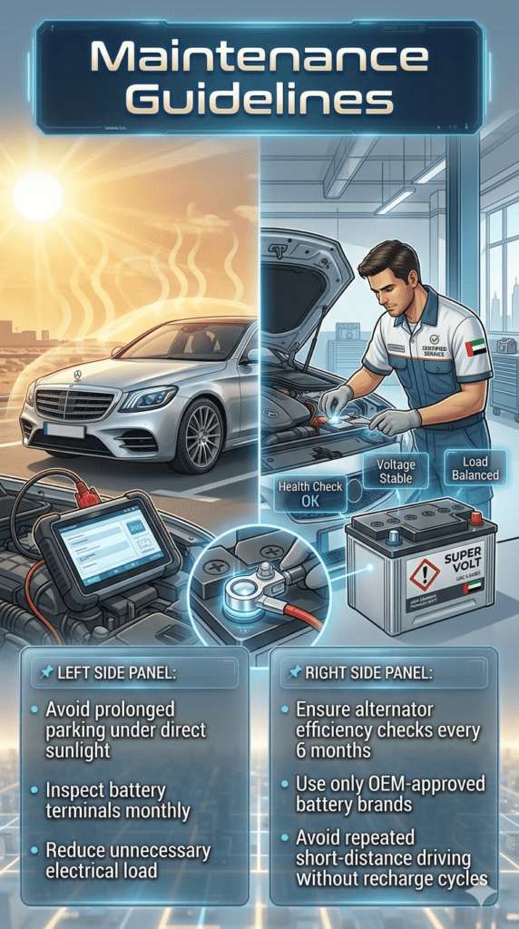 Infographic showing car battery maintenance guidelines in UAE with technician inspecting terminals, alternator testing, and warnings about heat exposure, electrical load, and OEM battery usage.
