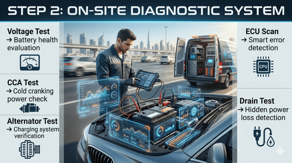 Infographic showing on-site car battery diagnostic system with technician using digital scanner, displaying voltage, ECU scan, and alternator test results beside a vehicle.