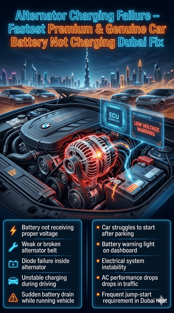 Alternator Charging Failure Dubai โ Battery Not Charging Diagnostic Guide Futuristic automotive infographic showing alternator charging failure in Dubai, highlighting broken belt, diode malfunction, and battery not receiving proper voltage inside a luxury car engine with diagnostic overlay.