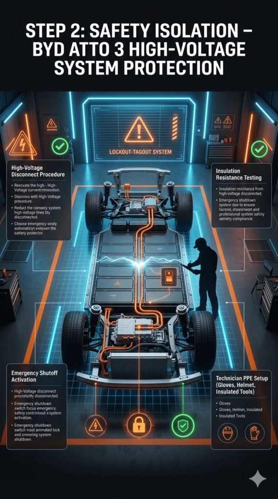 BYD Atto 3 EV Safety Isolation Procedure β High-Voltage Protection System (UAE Guide) Futuristic EV workshop infographic showing BYD Atto 3 safety isolation process with high-voltage disconnect, emergency shutoff, insulation testing, and technician PPE setup in a clean technical layout.
