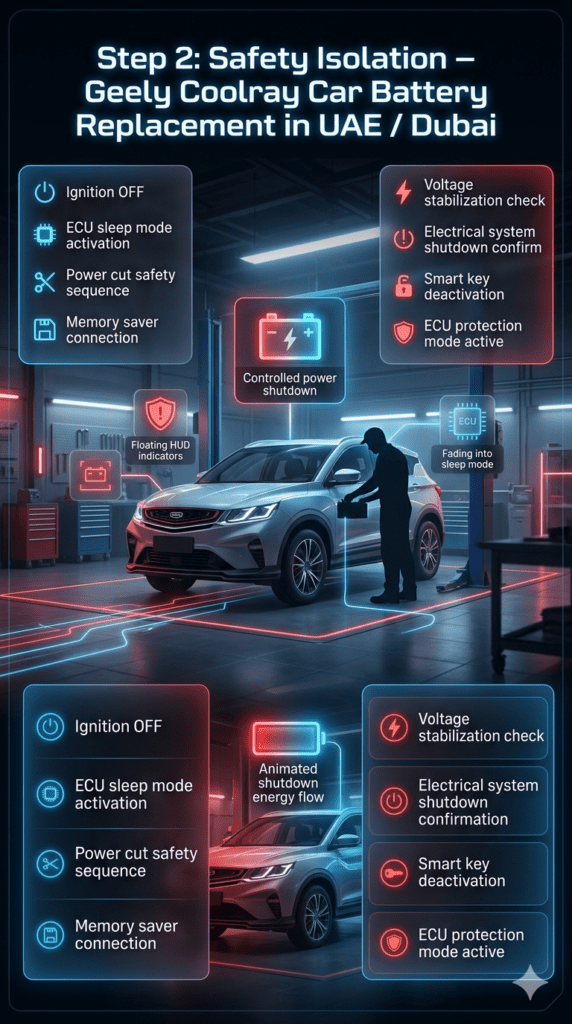 Geely Coolray car battery replacement safety isolation step infographic in UAE showing ignition off, ECU sleep mode, power cut sequence, and memory saver connection in a futuristic automotive workshop.