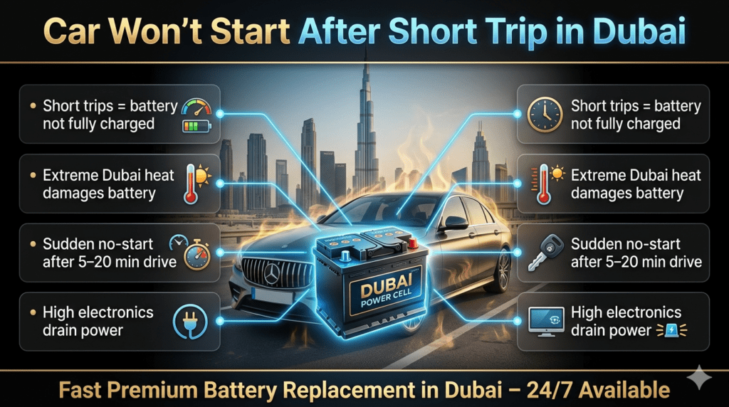 Car won’t start after short trip Dubai – premium battery failure infographic showing causes and solution in UAE heat conditions