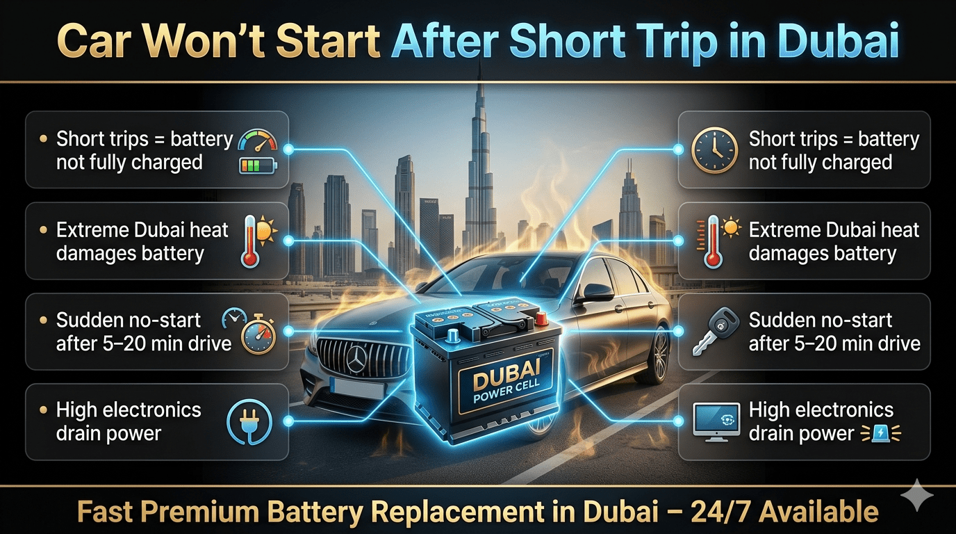 Car won’t start after short trip Dubai – premium battery failure infographic showing causes and solution in UAE heat conditions