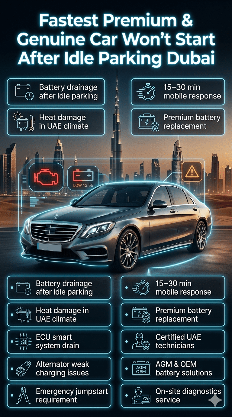 Luxury car breakdown infographic showing Fastest Premium & Genuine Car Won’t Start After Idle Parking Dubai issue with Dubai skyline, battery warning indicators, and emergency roadside service steps.