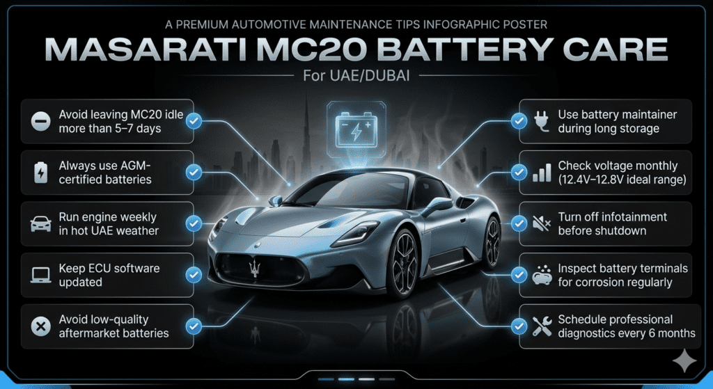 MC20 battery maintenance tips infographic showing UAE Dubai supercar care guide with AGM battery usage, voltage checks, ECU updates, and professional maintenance recommendations