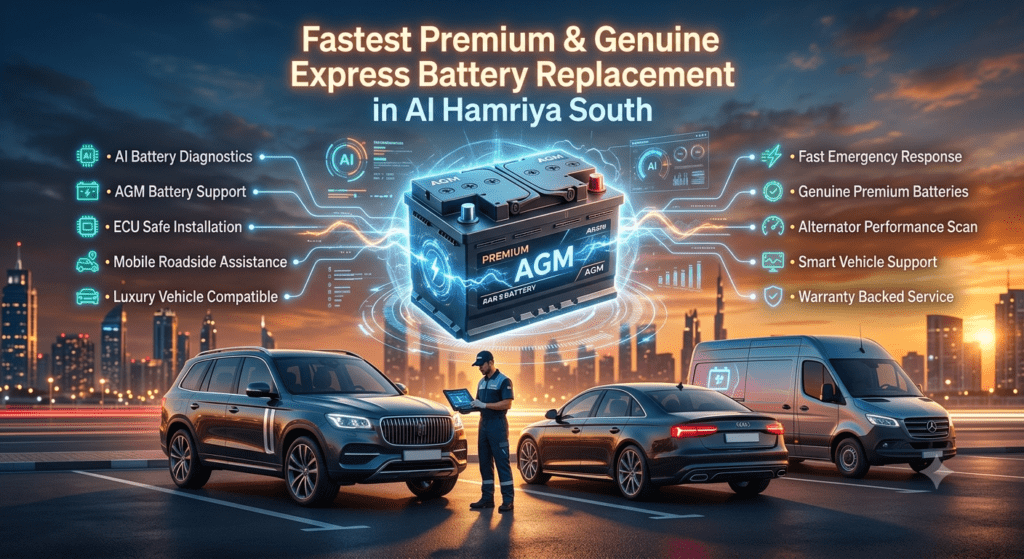 Premium futuristic automotive artwork showing express battery replacement service in Al Hamriya South with luxury vehicles, AI diagnostics, AGM battery technology, and roadside assistance in Dubai.