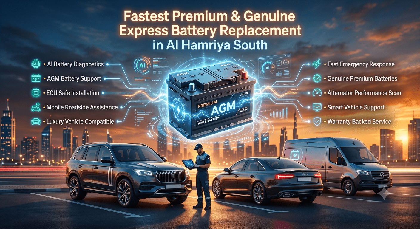 Premium futuristic automotive artwork showing express battery replacement service in Al Hamriya South with luxury vehicles, AI diagnostics, AGM battery technology, and roadside assistance in Dubai.