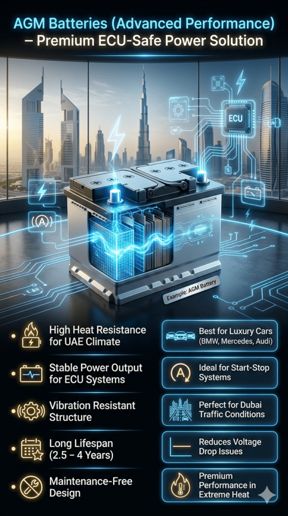 3D illustration of AGM car battery showing advanced internal structure with ECU compatibility features, designed for luxury vehicles in UAE heat conditions with infographic style technical highlights.