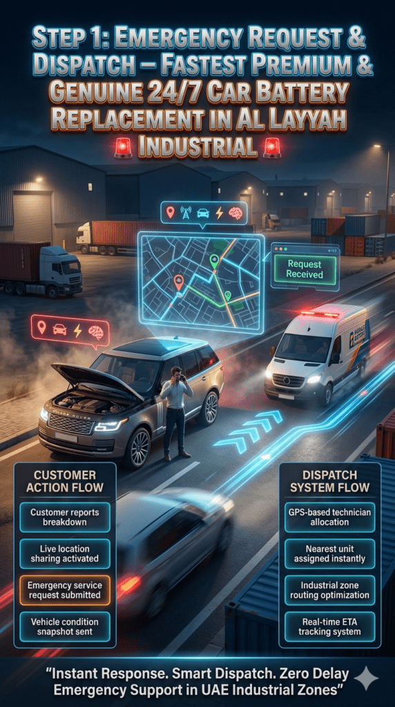 Fastest Premium & Genuine 24/7 Car Battery Replacement in Al Layyah Industrial β Step 1 Emergency Request & Dispatch Emergency car battery breakdown dispatch system in Al Layyah Industrial showing GPS technician allocation and rapid roadside assistance with luxury vehicle and digital map interface.