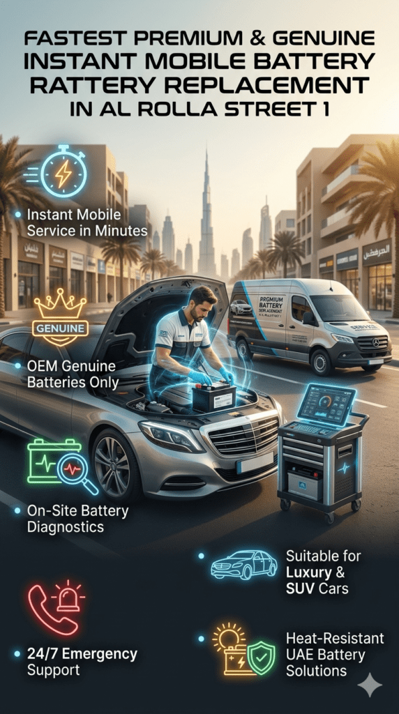 Premium infographic showing instant mobile car battery replacement service in Al Rolla Street Dubai with technician installing battery in luxury car, side service features listed, and bold headline at top.