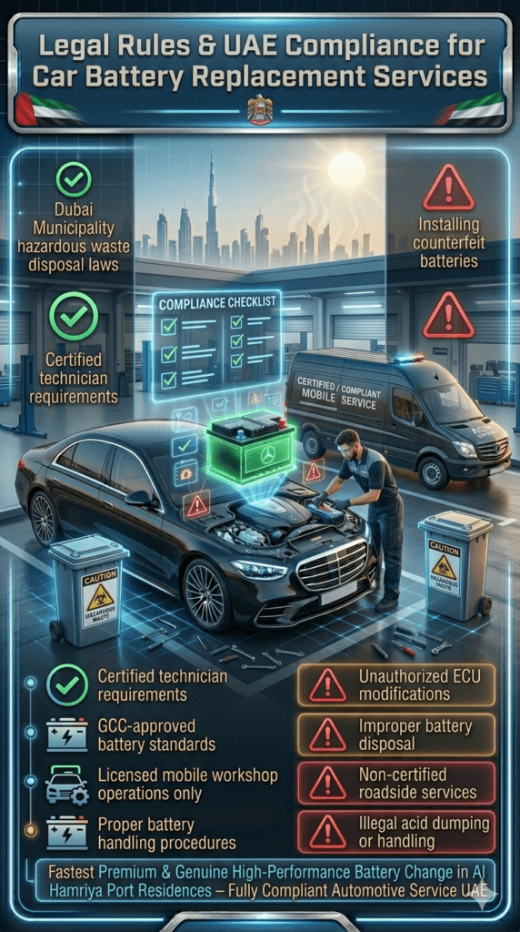 Certified automotive technician handling car battery replacement in Dubai workshop showing legal compliance checklist, safe disposal system, and luxury vehicle service environment.