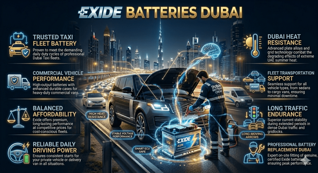 Premium Exide car battery for Dubai taxis and commercial fleet vehicles, roadside battery replacement service, UAE fleet transportation battery performance infographic.