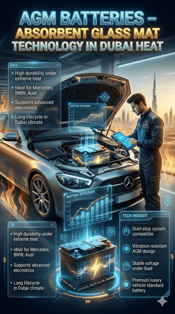 AGM battery efficiency infographic showing luxury car battery technology designed for Dubai heat conditions with Mercedes BMW Audi compatibility, extreme temperature resistance, and advanced electronics support in a futuristic automotive guide design.