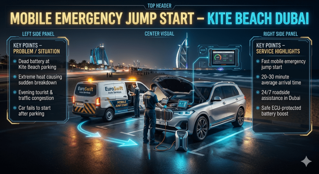 Mobile emergency jump start service at Kite Beach Dubai showing roadside technician arriving within 20–30 minutes to restart a luxury car using advanced battery booster equipment.