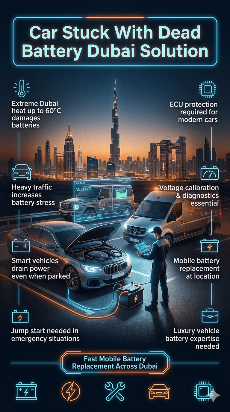 Luxury infographic showing car stuck with dead battery in Dubai with mobile roadside battery replacement service, diagnostic tools, and Dubai skyline background highlighting emergency automotive assistance.