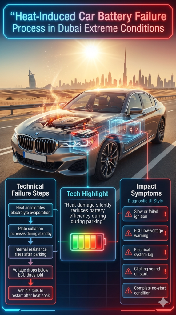 Technical infographic showing step-by-step heat-induced car battery failure process in Dubai extreme weather conditions leading to no-start vehicle issues.