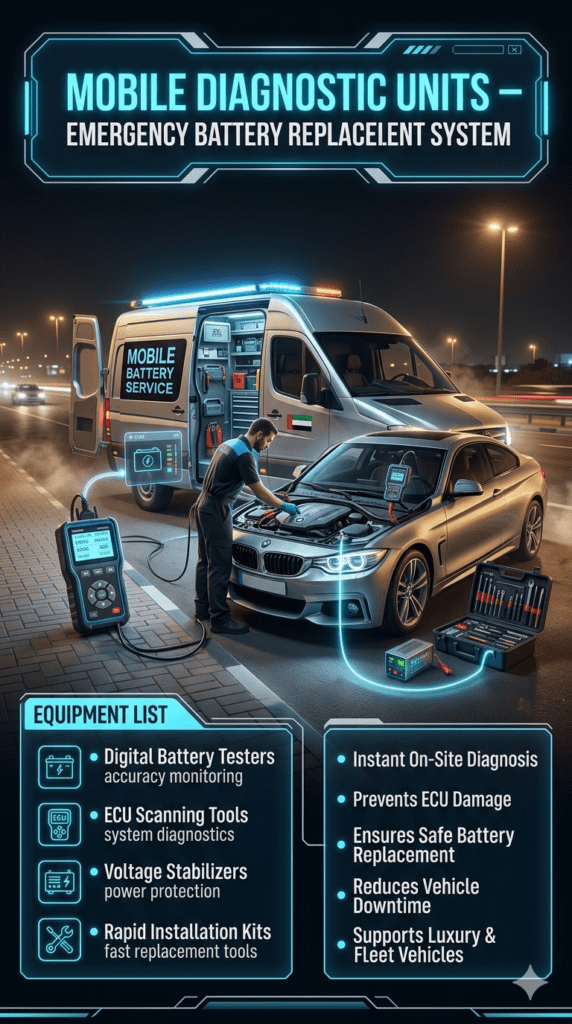 Mobile Diagnostic Units for Fastest Premium & Genuine Emergency Battery Replacement in Al Taawun West Mobile diagnostic unit performing emergency car battery replacement in Al Taawun West showing ECU scanning, battery testing tools, and roadside service van with luxury car support.