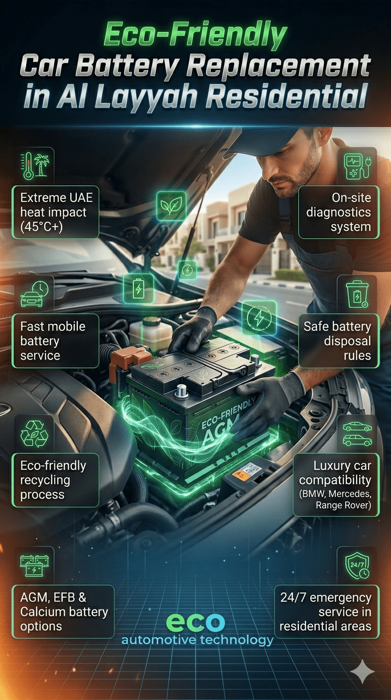 Infographic showing eco-friendly car battery replacement in Al Layyah Residential with luxury car, mobile technician, eco battery installation, and key service points on both sides in a modern futuristic design.