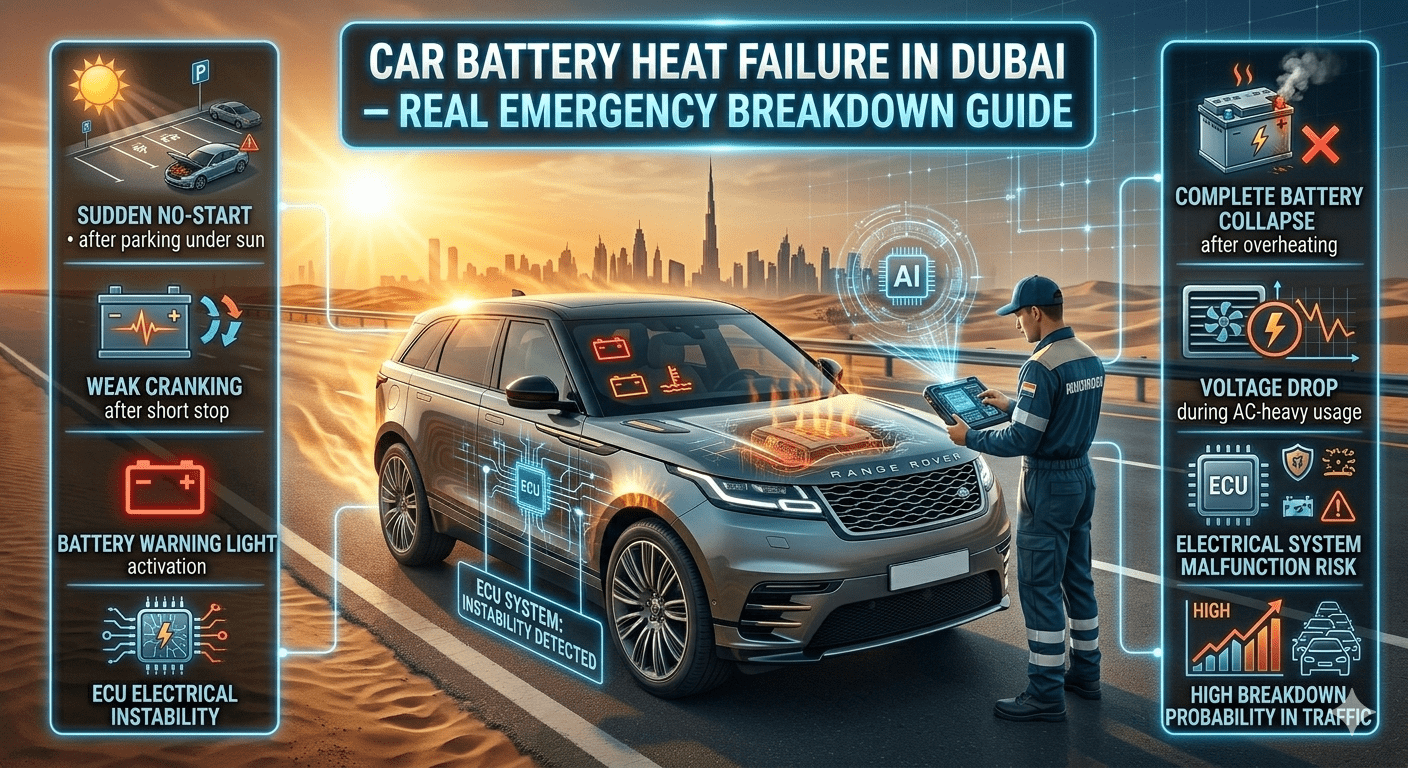 Luxury automotive infographic showing car battery heat failure in Dubai, with a premium car under extreme sun, dashboard warning light active, AI diagnostic overlay, and side panels listing symptoms like no-start, weak cranking, and ECU instability.