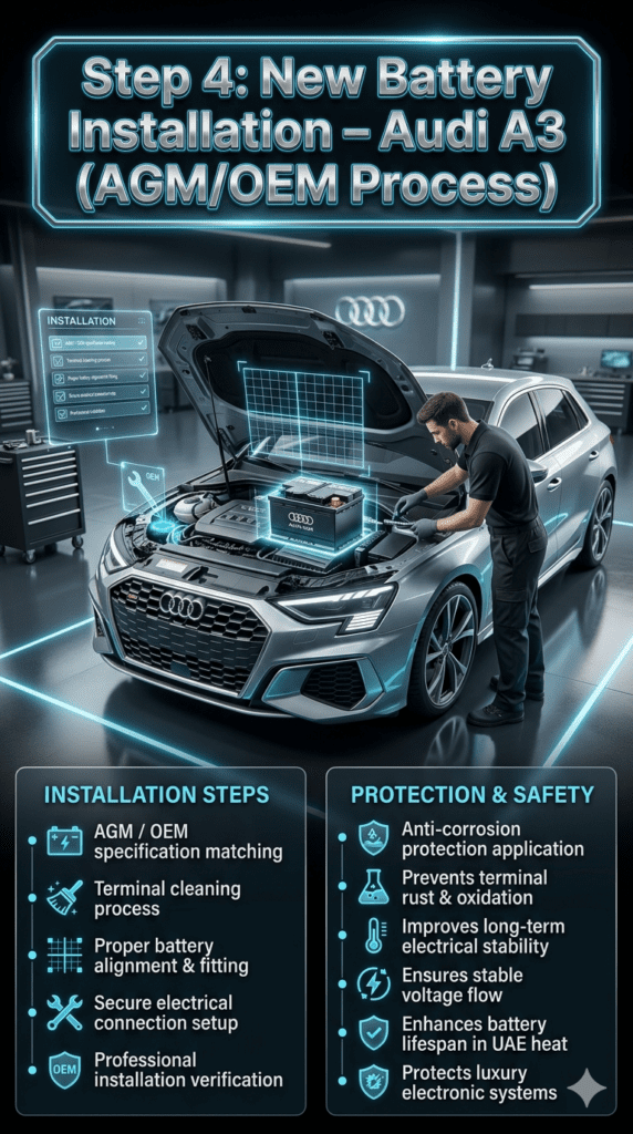 Luxury automotive infographic showing Audi A3 new AGM battery installation, terminal cleaning, and anti-corrosion protection in futuristic Dubai workshop.