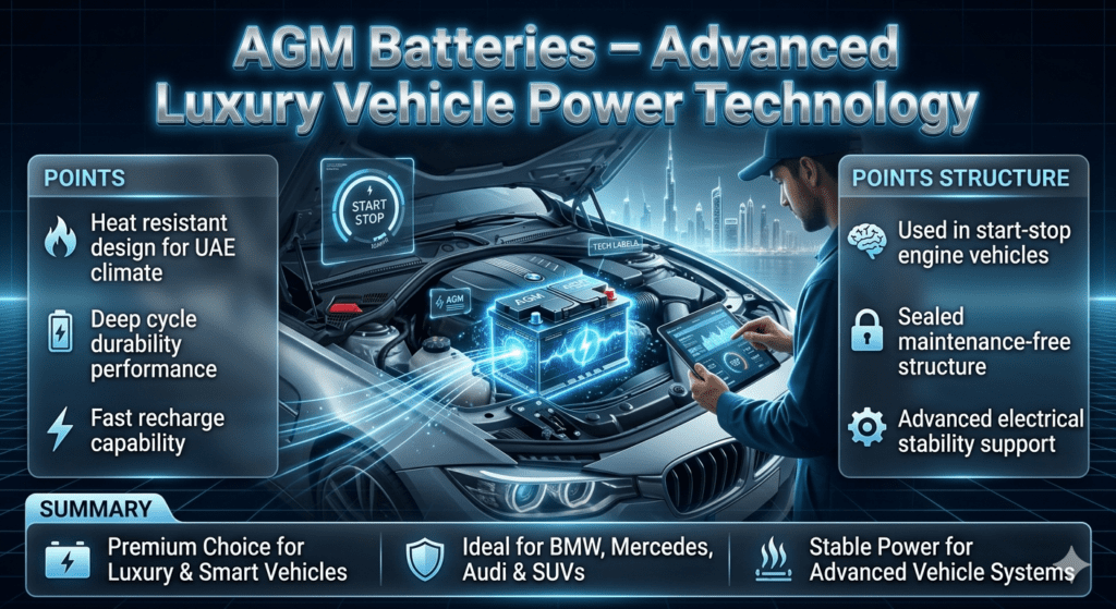 AGM Batteries – Advanced Luxury & Start-Stop Vehicle Power System Guide Futuristic infographic showing AGM battery for luxury and start-stop vehicles with heat resistance, deep cycle durability, and fast recharge features in high-tech automotive design.
