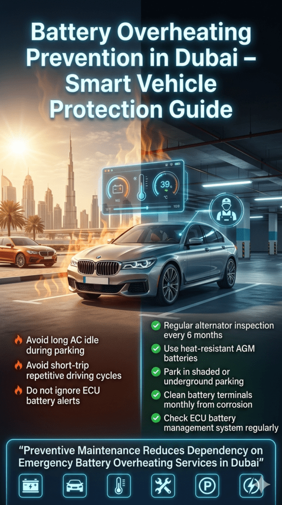 Luxury automotive infographic showing battery overheating prevention tips in Dubai including parking habits, AGM battery use, alternator inspection, and ECU monitoring with heat and cooling contrast visuals.