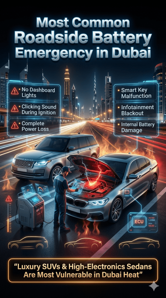 Luxury vehicle battery failure emergency in Dubai showing dead battery symptoms, no dashboard lights, clicking ignition sound, smart key malfunction, and roadside AI diagnostics.