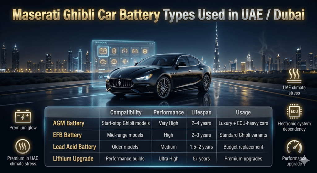 Maserati Ghibli battery types comparison table showing AGM, EFB, Lead Acid, and Lithium options for UAE Dubai luxury car battery replacement service