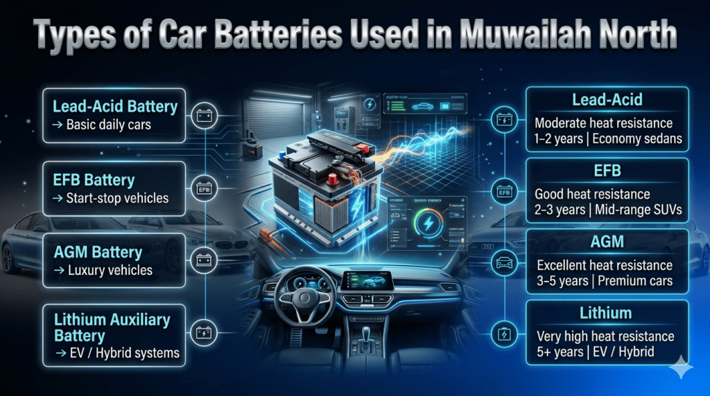 Types of Car Batteries Used in Muwailah North (UAE Guide) Infographic showing types of car batteries used in Muwailah North including lead-acid, EFB, AGM, and lithium batteries with uses, lifespan, and suitability for BMW, Mercedes-Benz, Audi, and Tesla vehicles.