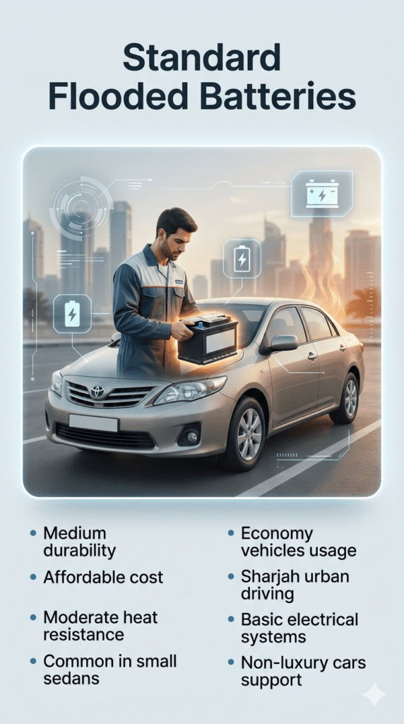 Standard flooded car battery replacement guide showing economy sedan with technician installing battery and infographic features explaining durability, cost, and usage in UAE urban driving conditions.