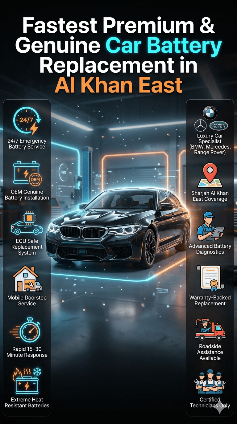 Luxury infographic showing Fastest Premium & Genuine Car Battery Replacement in Al Khan East with a central premium car, surrounded by service features like OEM battery installation, ECU safe replacement, 24/7 emergency support, and mobile roadside assistance.