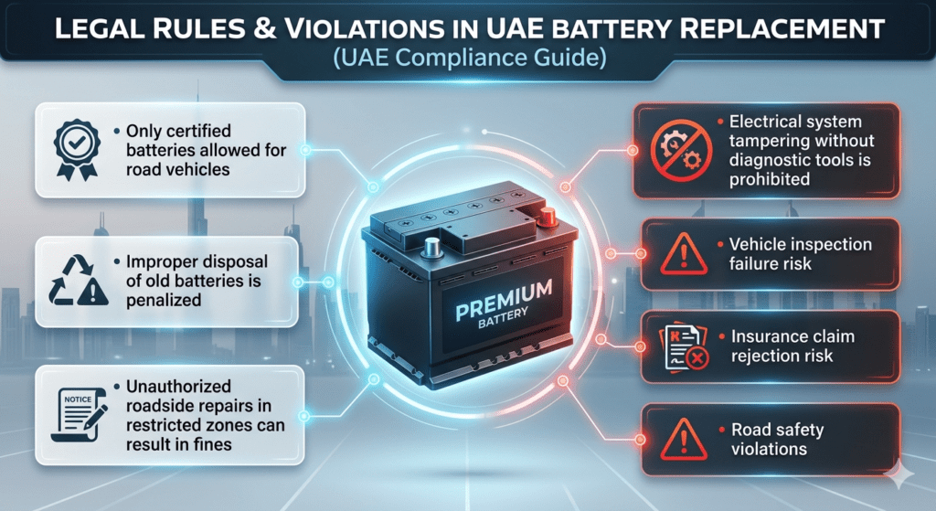 Infographic showing UAE legal rules and violations for car battery replacement services with a central car battery image and safety compliance points on both sides.
