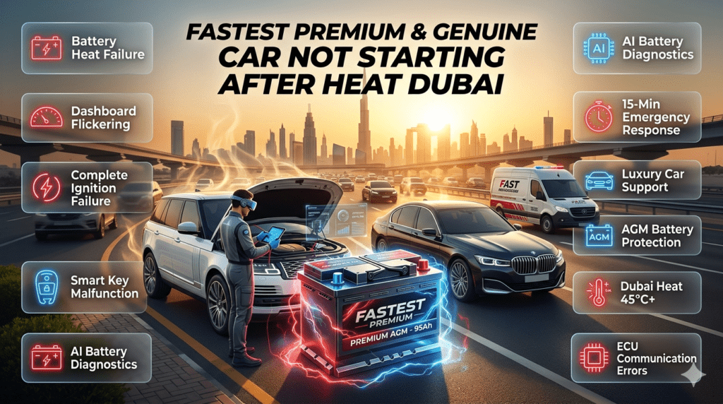 Premium Dubai roadside assistance infographic showing a luxury vehicle with a glowing AGM battery in the center, surrounded by heat-related car starting problem highlights and AI diagnostic visuals.