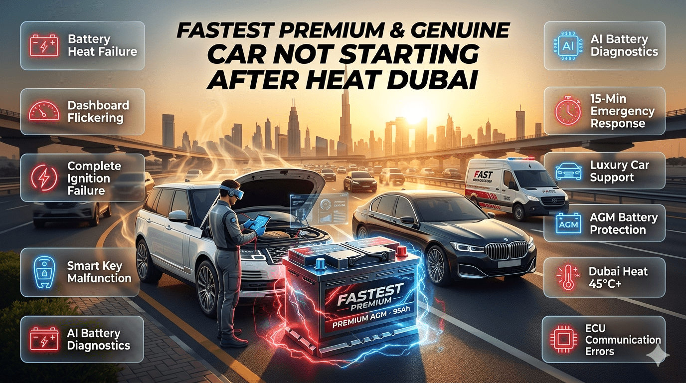 Premium Dubai roadside assistance infographic showing a luxury vehicle with a glowing AGM battery in the center, surrounded by heat-related car starting problem highlights and AI diagnostic visuals.