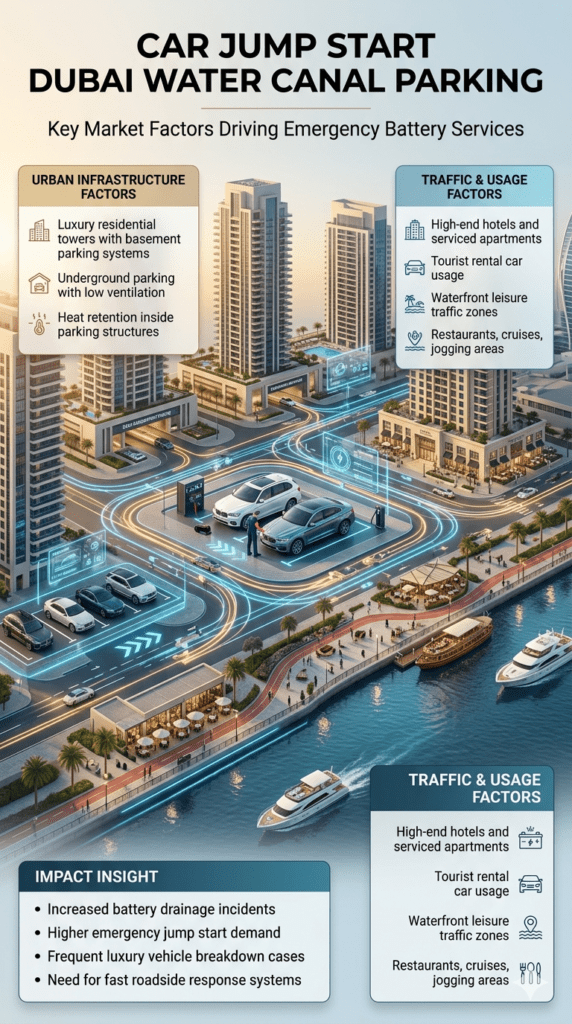Cinematic infographic showing Dubai Water Canal urban environment with luxury towers, hotels, tourist vehicles, underground parking, and waterfront traffic zones, illustrating key market factors behind car jump start demand with animated connectors and roadside assistance visual elements.
