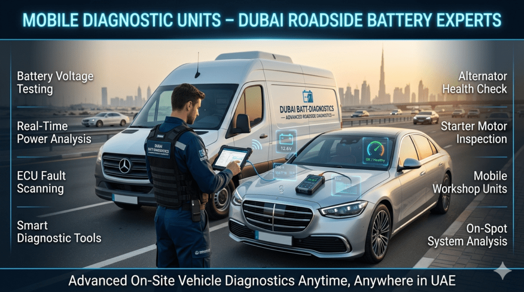 Mobile Diagnostic Units – Fastest Premium Car Battery Roadside Service Dubai Mobile diagnostic unit technician performing car battery voltage testing, ECU scanning, alternator and starter motor inspection on luxury car roadside service in Dubai