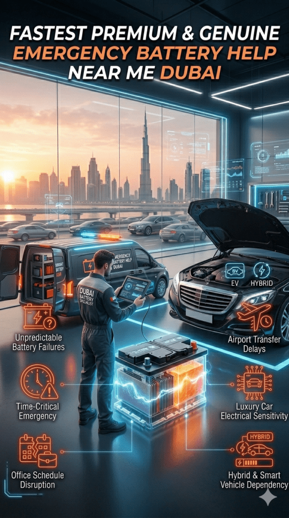 Dubai emergency roadside battery assistance showing luxury car breakdown with fast mobile battery replacement service and AI diagnostics.
