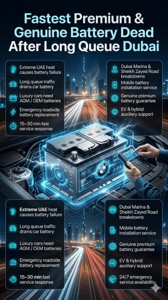 Premium futuristic infographic showing Fastest Premium & Genuine Battery Dead After Long Queue Dubai service with luxury car battery diagnostics, Dubai skyline background, and roadside emergency battery replacement highlights.