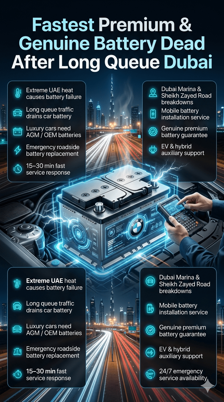 Premium futuristic infographic showing Fastest Premium & Genuine Battery Dead After Long Queue Dubai service with luxury car battery diagnostics, Dubai skyline background, and roadside emergency battery replacement highlights.