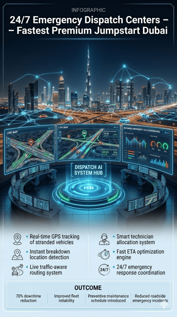 24/7 emergency dispatch center in Dubai showing real-time GPS tracking, technician allocation system, and ETA optimization dashboard for fast roadside jumpstart services.