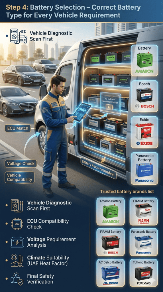 Premium infographic showing on-site car battery replacement service in Muwailah Industrial Area with technician, luxury car, mobile service van, and key service benefits displayed in side panels.