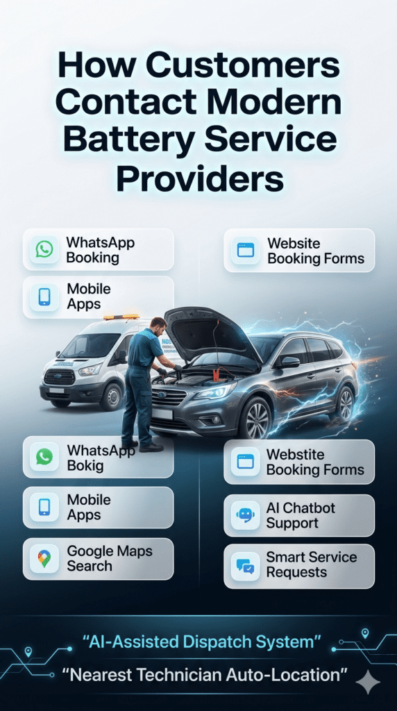 A modern digital infographic showing how customers contact battery service providers using WhatsApp, mobile apps, Google Maps, websites, and AI chatbots, with a central automotive service image and futuristic UI design.