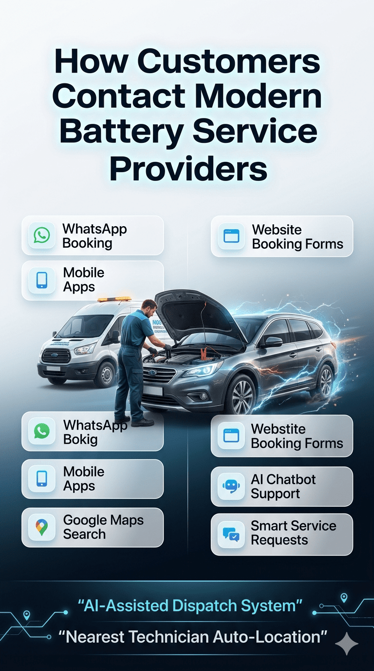 Luxury roadside assistance in Dubai showing a technician performing jumpstart on a premium car under night skyline with infographic panels describing car battery emergency services.